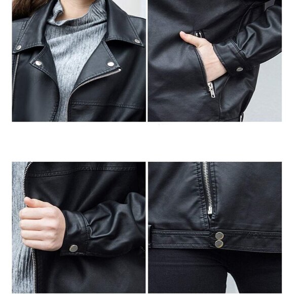 LY VAREY LIN Women Faux Leather Jacket Black Long Sleeve Lapel Collar Zip up - Picture 5 of 6
